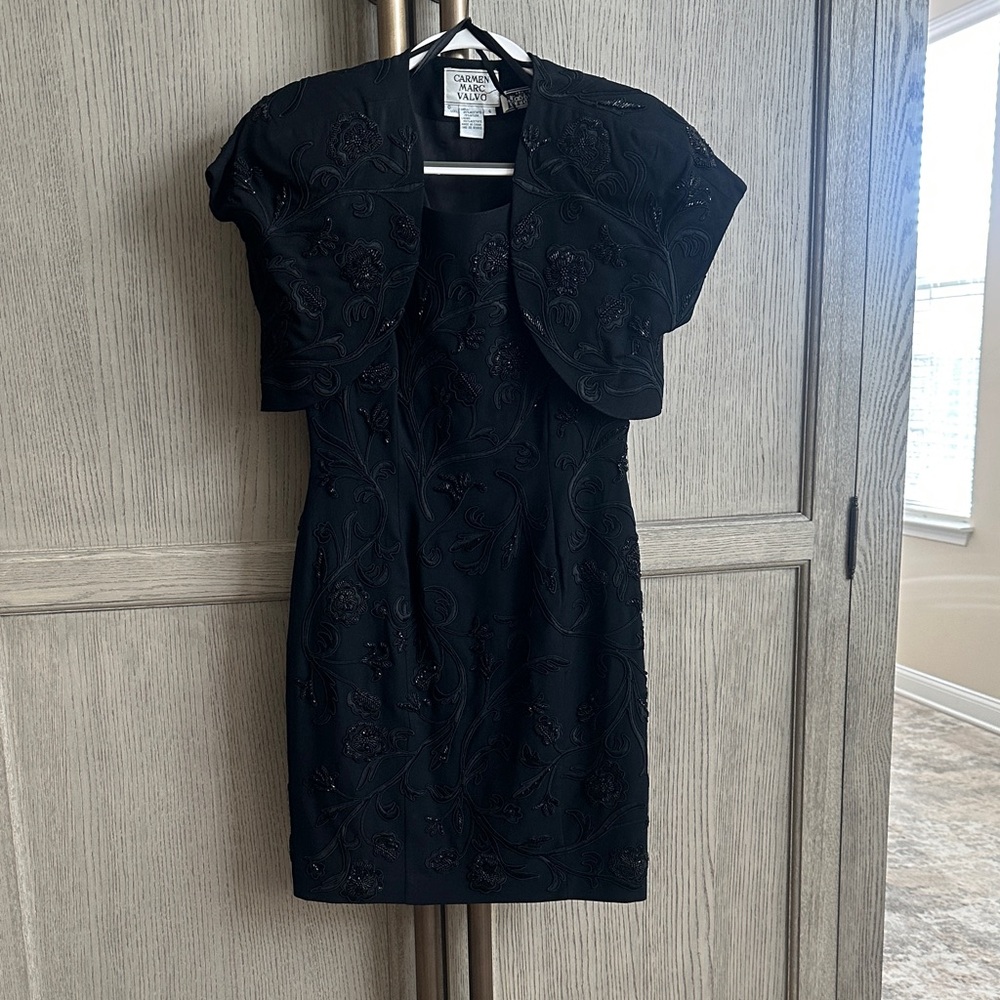 Carmen Marc Valvo,  Black Embroidered Mini Dress with Jacket
